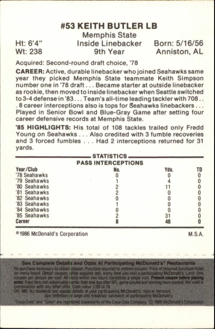 1986 McDonald's Seahawks Black Tab #53 Keith Butler DP back image