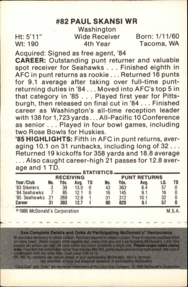 1986 McDonald's Seahawks Black Tab #82 Paul Skansi back image
