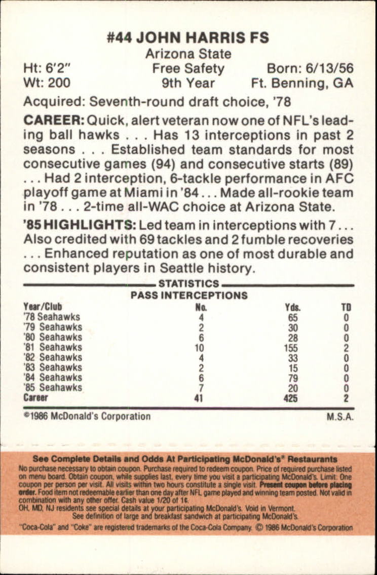 1986 McDonald's Seahawks Gold Tab #44 John Harris back image