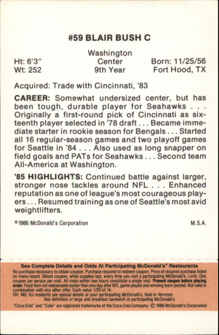 1986 McDonald's Seahawks Gold Tab #59 Blair Bush DP back image