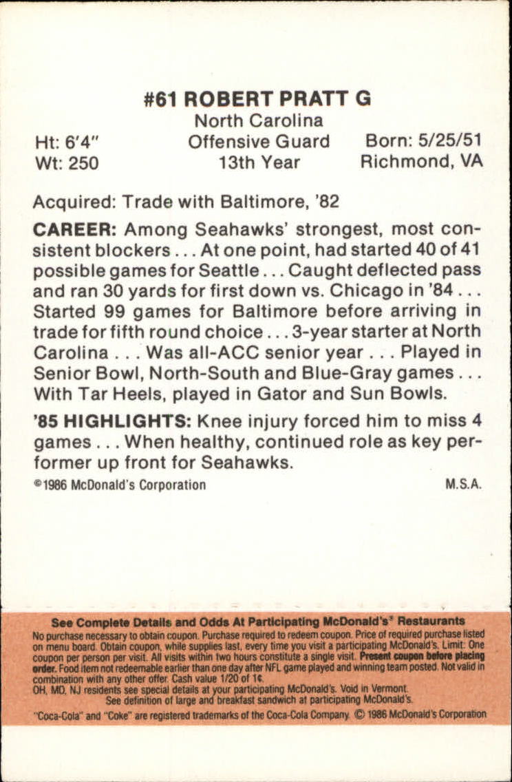 1986 McDonald's Seahawks Gold Tab #61 Robert Pratt back image