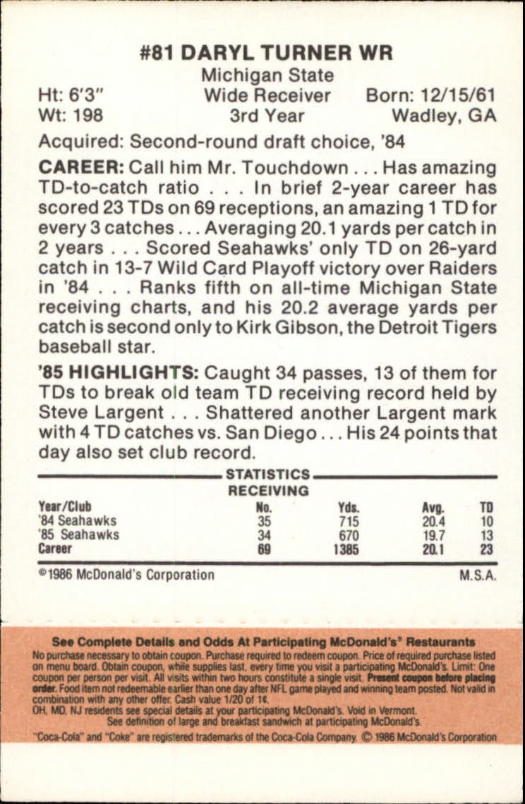 1986 McDonald's Seahawks Gold Tab #81 Daryl Turner back image