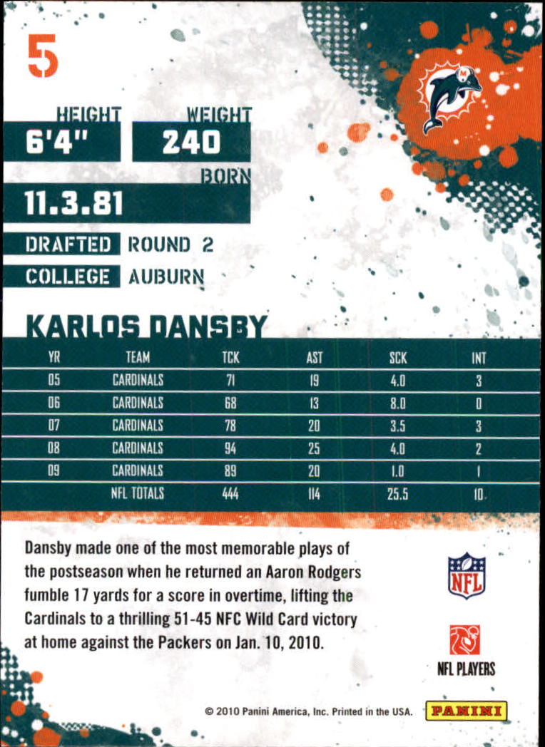 2010 Score #5 Karlos Dansby back image