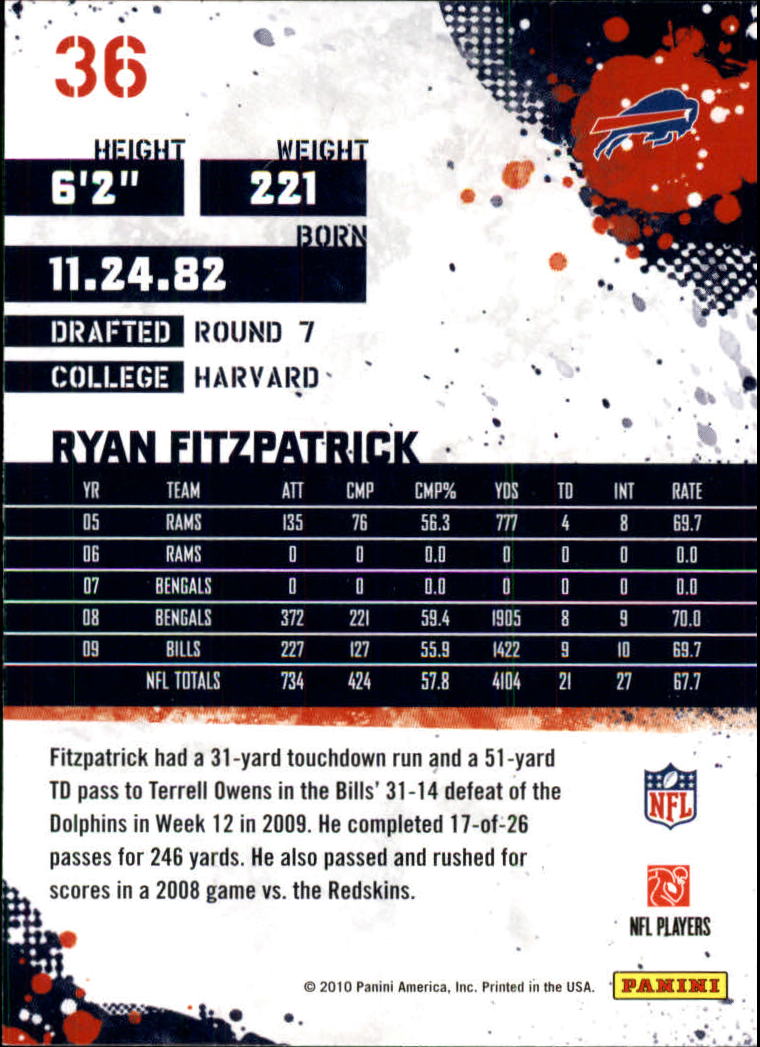 #36 Ryan Fitzpatrick 2010 Panini Score Football Sammelkarte