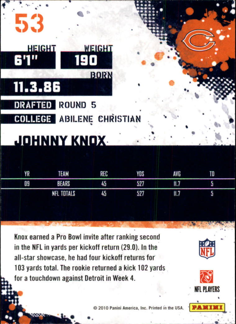 2010 Score #53 Johnny Knox back image