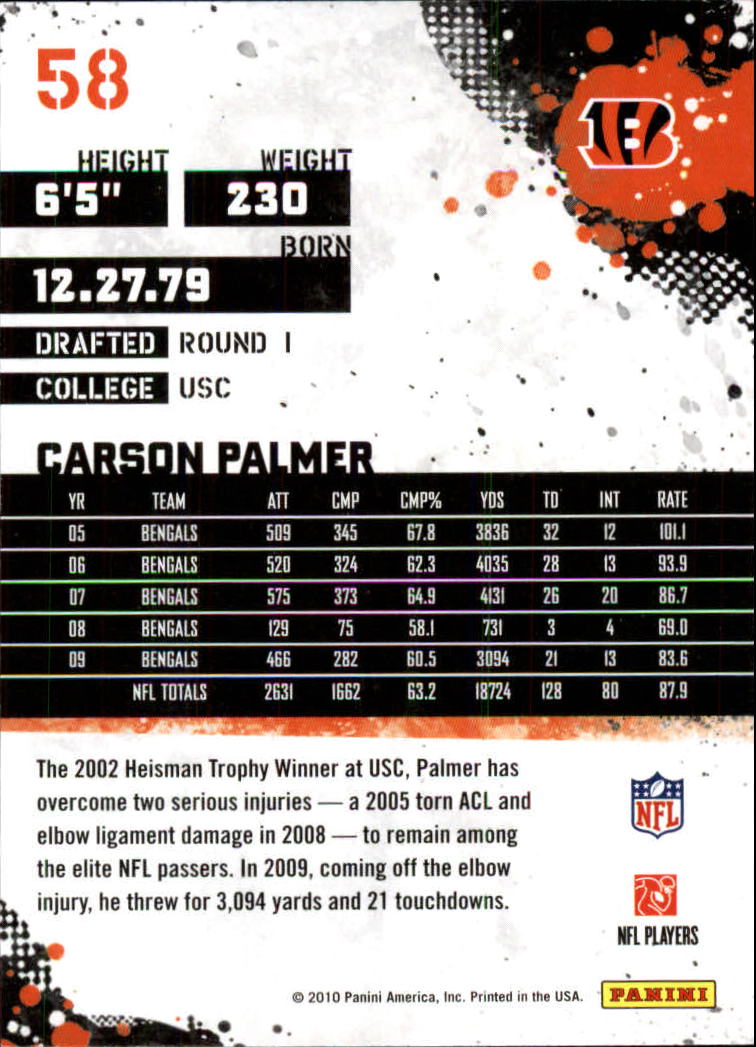 2010 Score #58 Carson Palmer back image