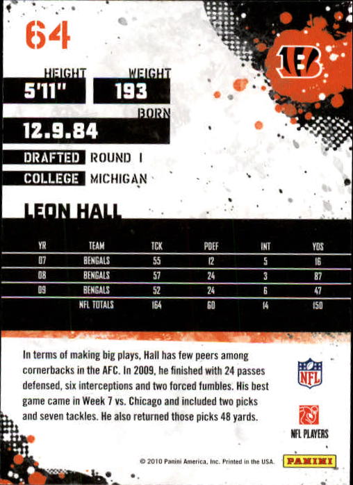 2010 Score #64 Leon Hall back image