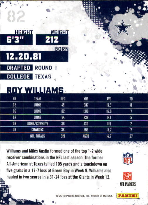 2010 Score #82 Roy Williams WR back image