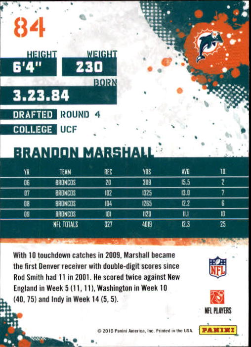 2010 Score #84 Brandon Marshall back image