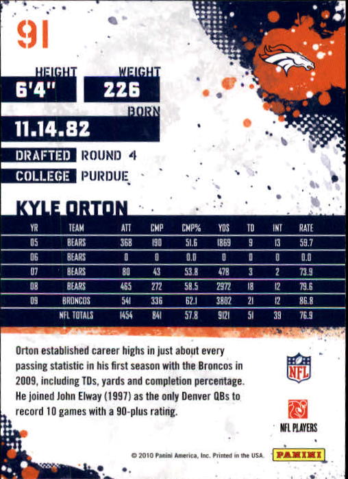 2010 Score #91 Kyle Orton back image