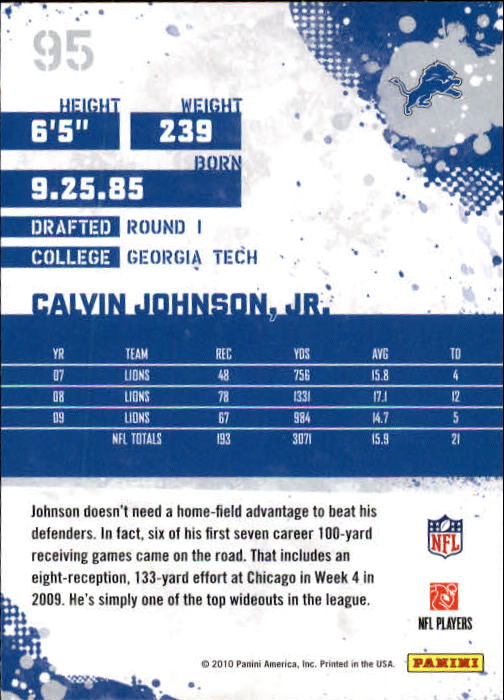 2010 Score #95 Calvin Johnson back image