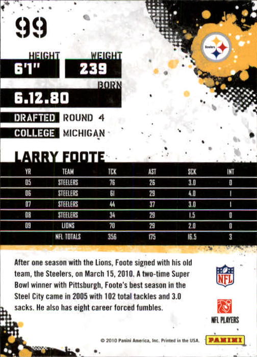 2010 Score #99 Larry Foote back image