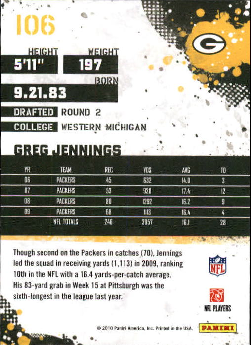 2010 Score #106 Greg Jennings back image