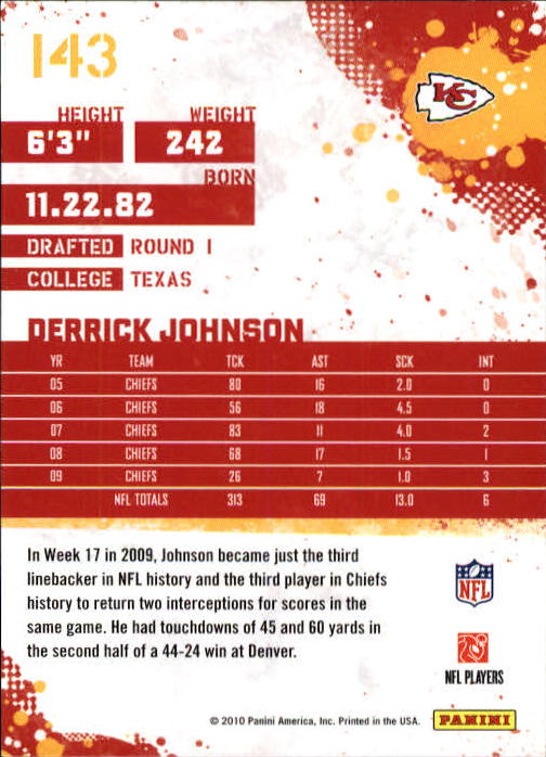 2010 Score #143 Derrick Johnson back image
