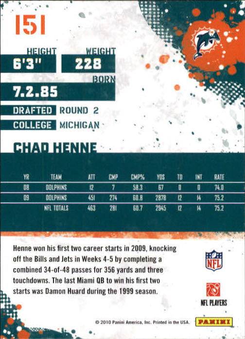 2010 Score #151 Chad Henne back image