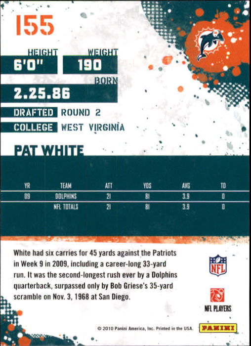 2010 Score #155 Pat White back image
