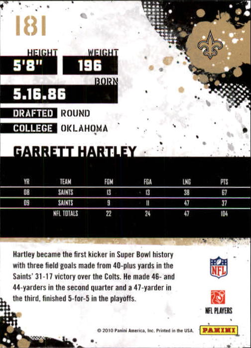 2010 Score #181 Garrett Hartley RC back image