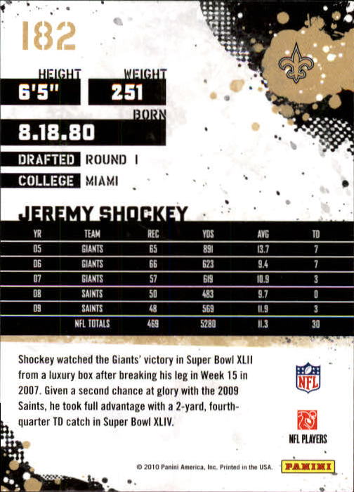 2010 Score #182 Jeremy Shockey back image