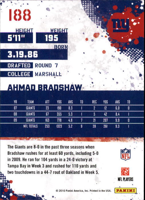 2010 Score #188 Ahmad Bradshaw back image
