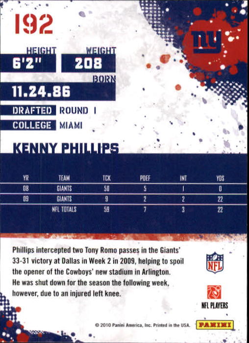 2010 Score #192 Kenny Phillips back image