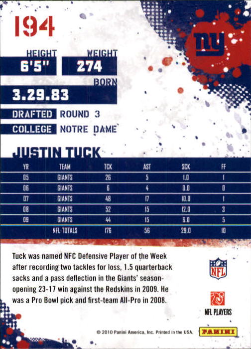 2010 Score #194 Justin Tuck back image