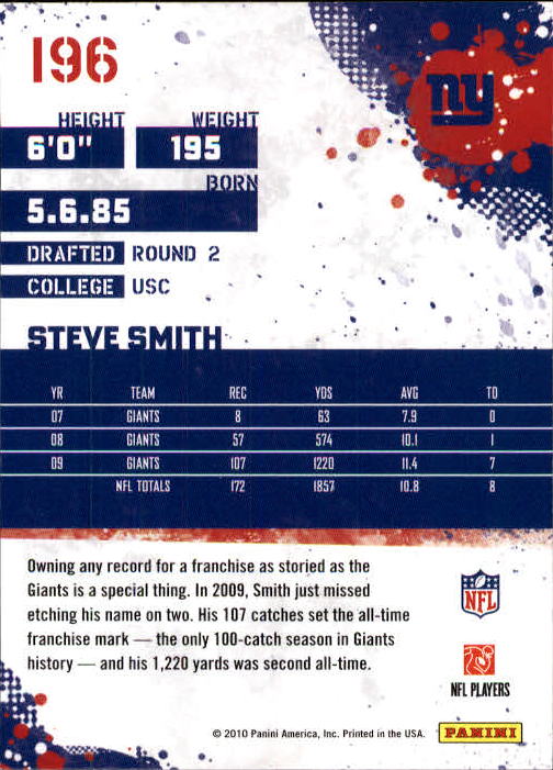 2010 Score #196 Steve Smith USC back image