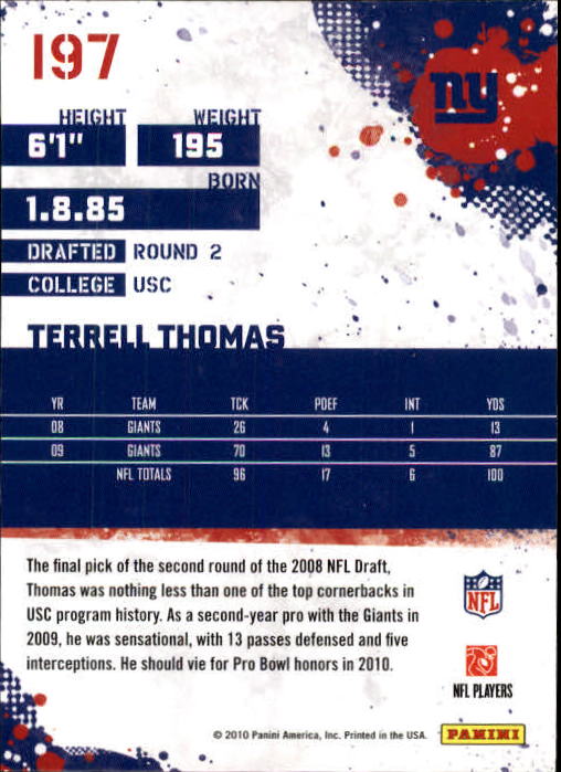 2010 Score #197 Terrell Thomas back image