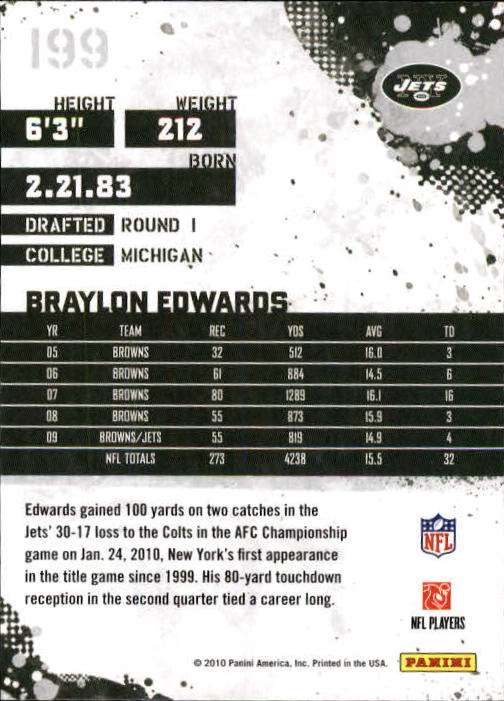 2010 Score #199 Braylon Edwards back image