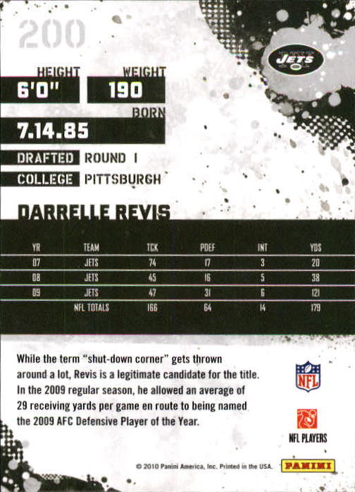 2010 Score #200 Darrelle Revis back image