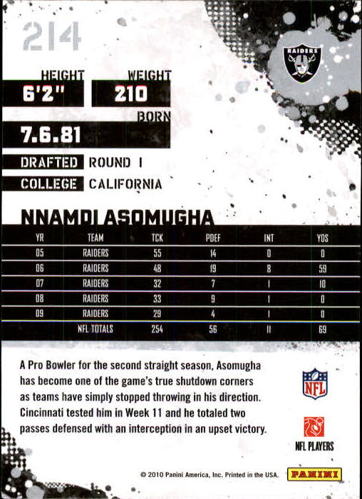 2010 Score #214 Nnamdi Asomugha back image