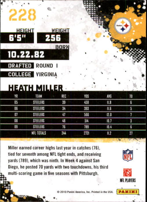 2010 Score #228 Heath Miller back image