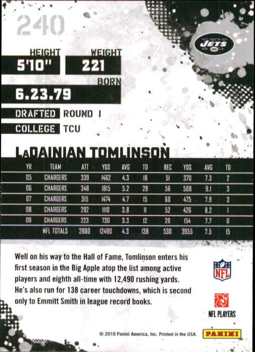 2010 Score #240 LaDainian Tomlinson back image
