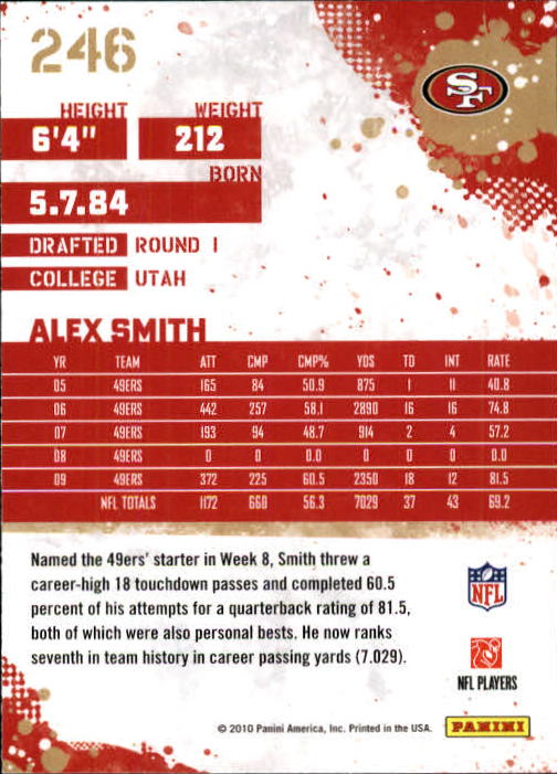 2010 Score #246 Alex Smith QB back image