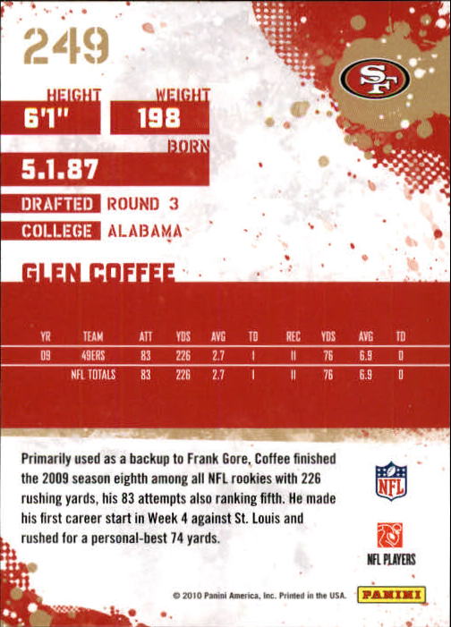 2010 Score #249 Glen Coffee back image