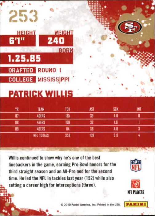 2010 Score #253 Patrick Willis back image