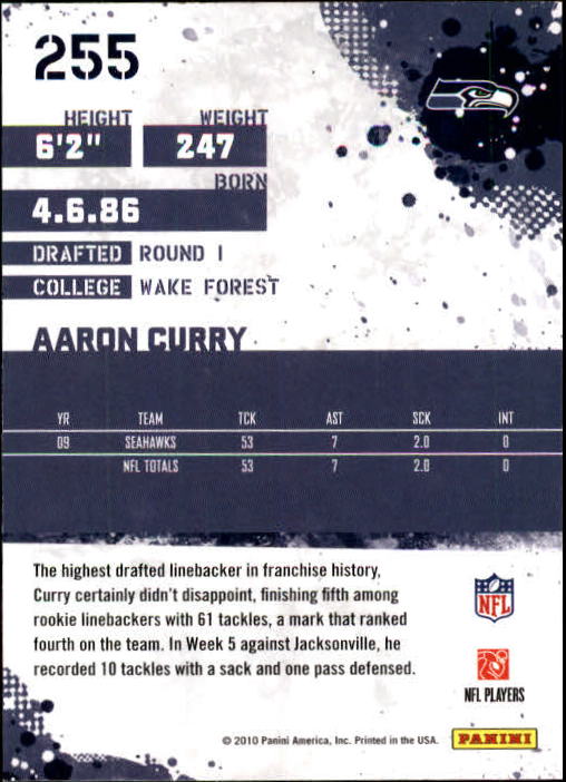 2010 Score #255 Aaron Curry back image
