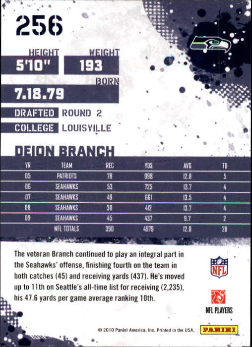 2010 Score #256 Deion Branch back image