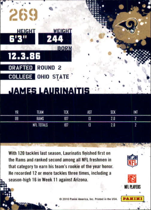 2010 Score #269 James Laurinaitis back image