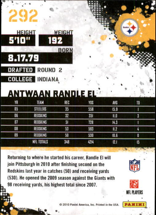 2010 Score #292 Antwaan Randle El back image