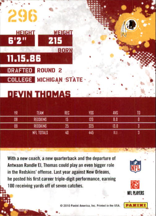 2010 Score #296 Devin Thomas back image