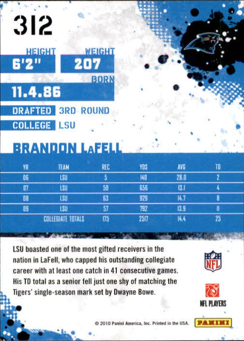 2010 Score #312 Brandon LaFell RC back image