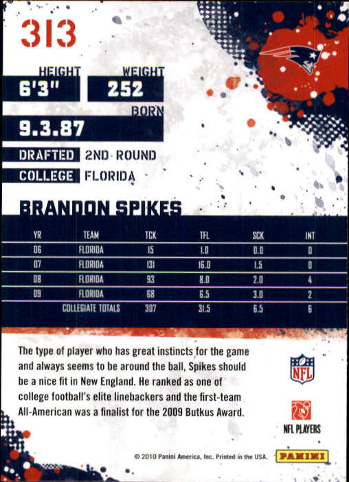 2010 Score #313 Brandon Spikes RC back image