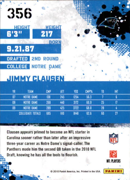 2010 Score #356 Jimmy Clausen RC back image