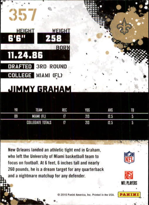 2010 Score #357 Jimmy Graham RC back image