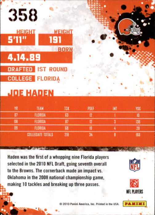 2010 Score #358 Joe Haden RC back image