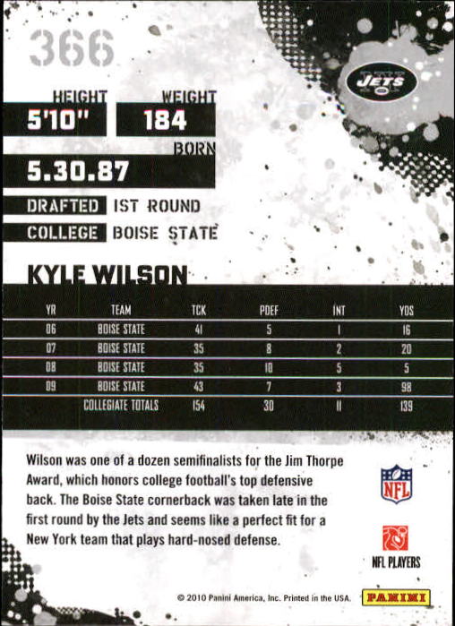 2010 Score #366 Kyle Wilson RC back image