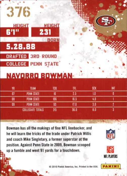 2010 Score #376 NaVorro Bowman RC back image