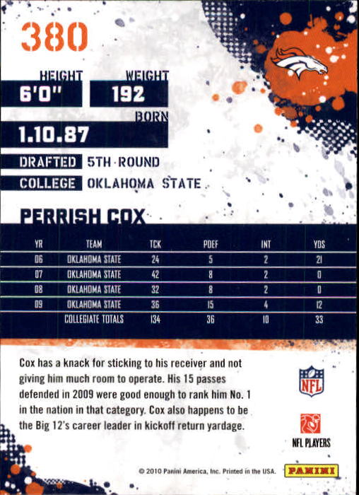2010 Score #380 Perrish Cox RC back image