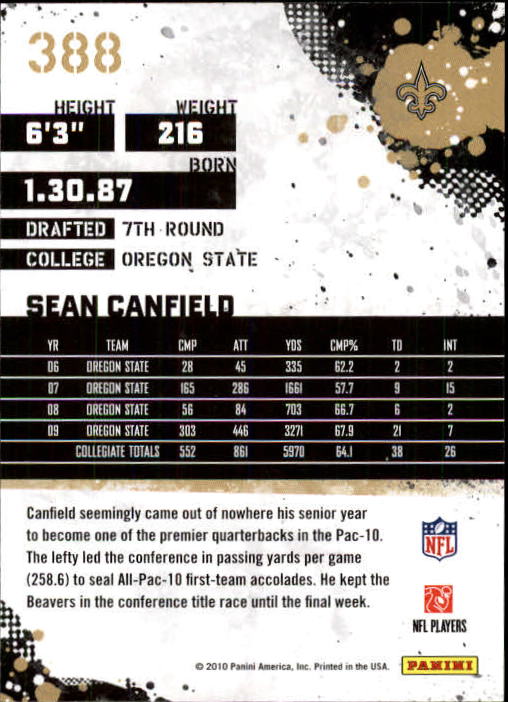 2010 Score #388 Sean Canfield RC back image