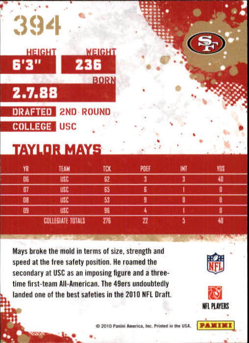 2010 Score #394 Taylor Mays RC back image